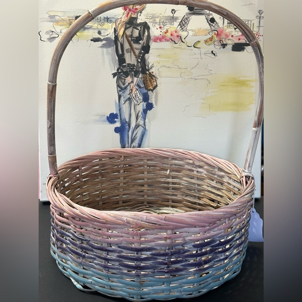 Large winter basket painted with pink purple blue